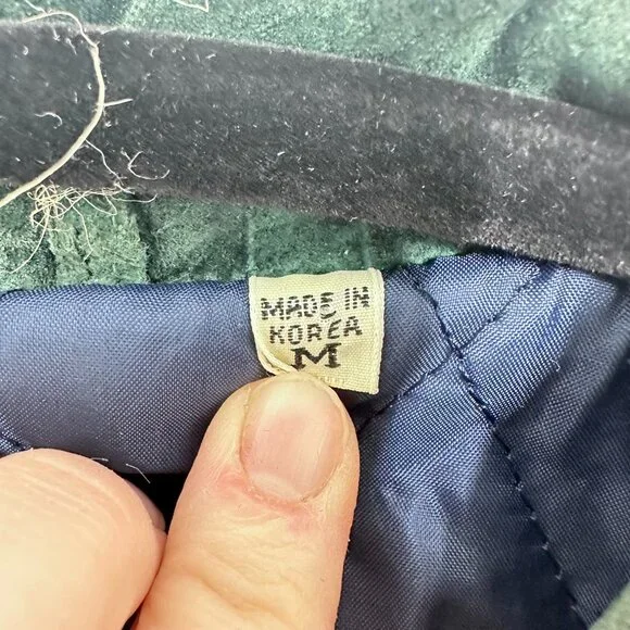 Green & Blue Suede Leather Bomber Jacket 80s Vintage Copper Key Size Medium - Picture 11 of 12